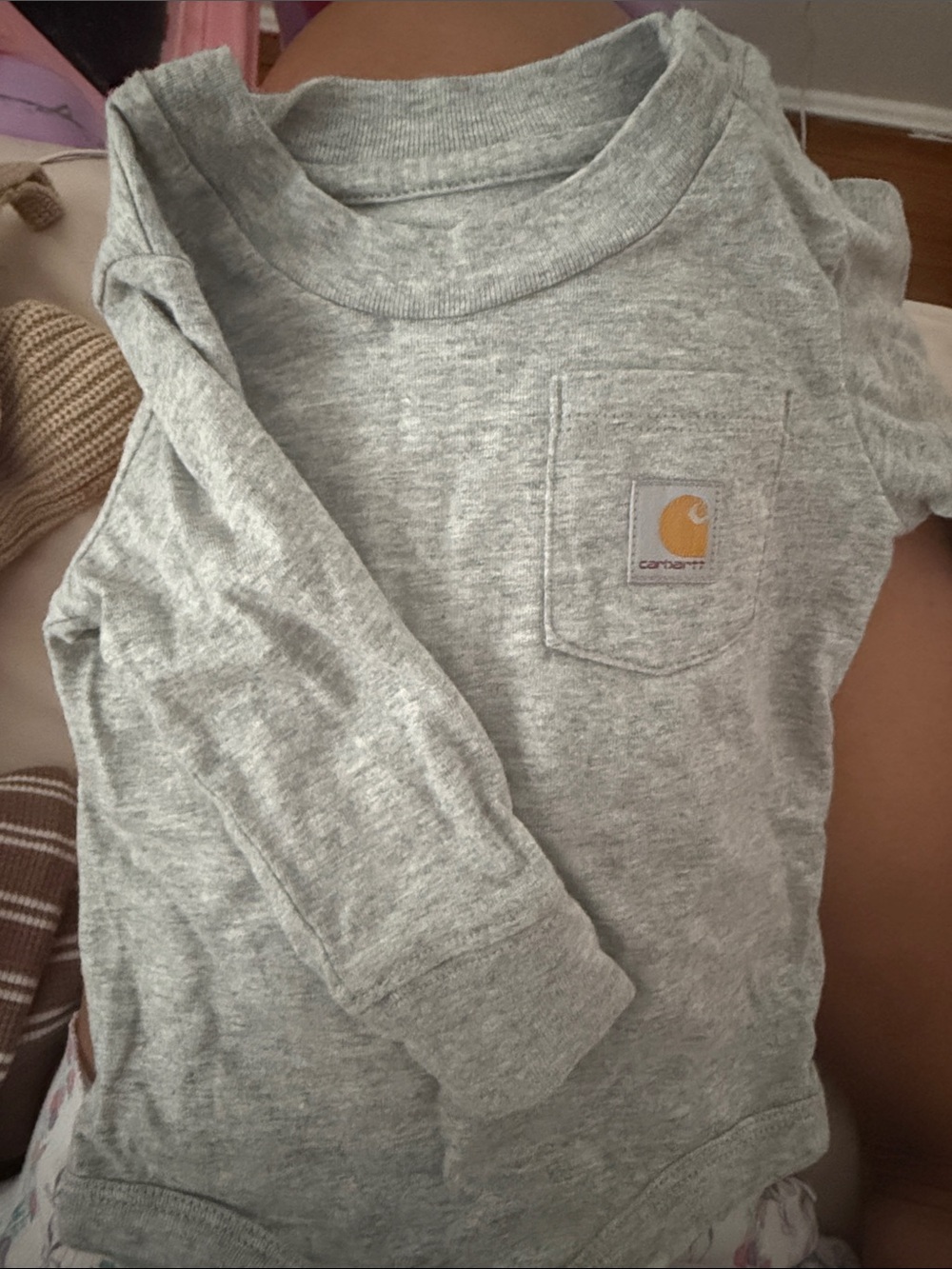 Carhartt Kids Long Sleeve Pocket Tee - Heather Light Gray with Gold Logo